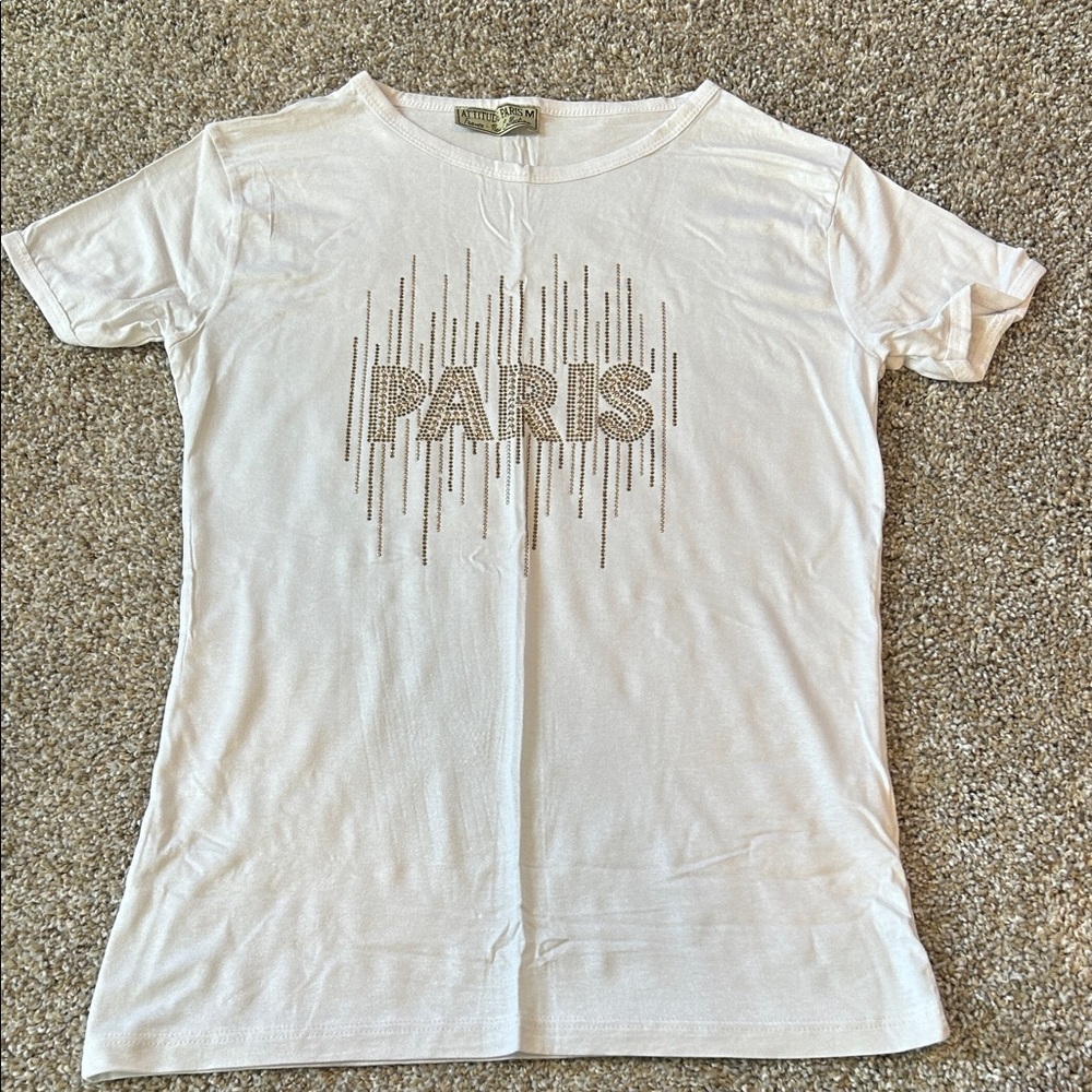 Zara White Paris Embellished Tee